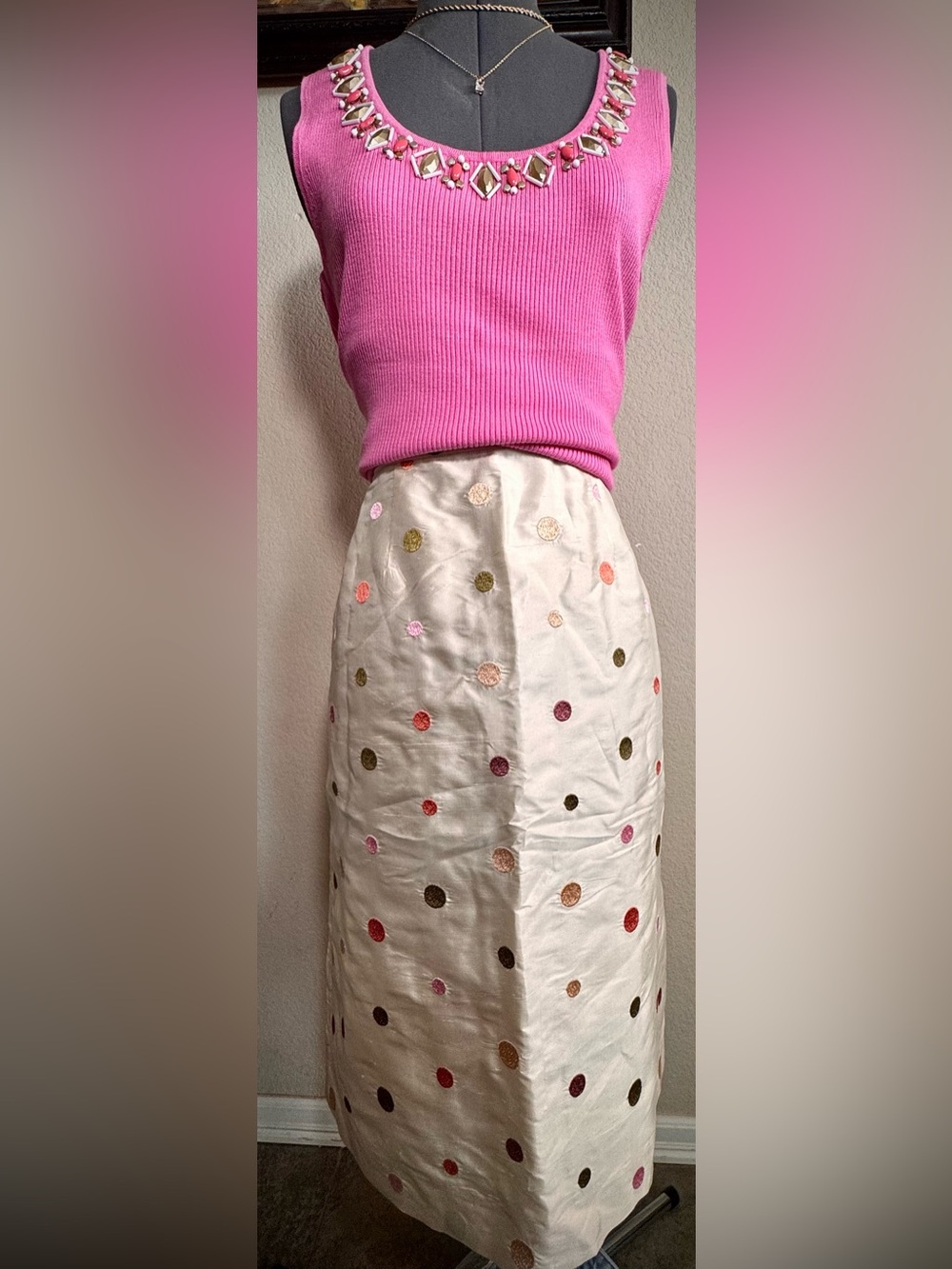 Vintage 100% Silk Polka Dot Embroidered Midi Skirt M